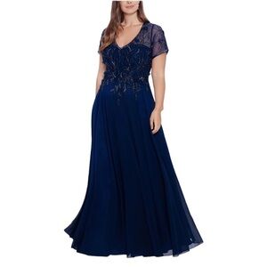 XSCAPE PLUS EMBELLISHED-BODICE MAXI‎ EVENING DRESS Navy Blue 14W